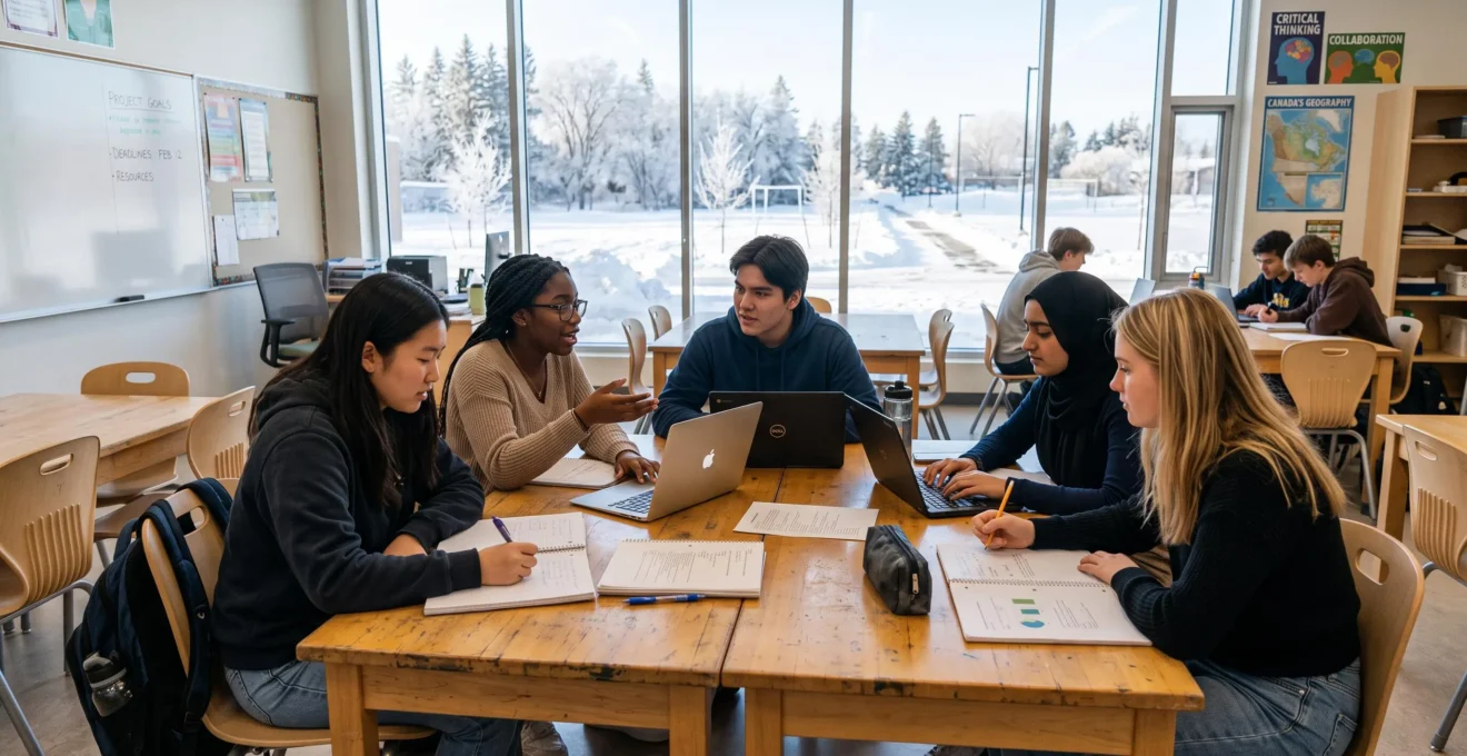 Groupe de lycéens de divers profils assis autour d'une table dans une classe lumineuse d'un lycée canadien moderne, travaillant ensemble sur ordinateurs et cahiers, avec paysage enneigé visible par les fenêtres en arrière-plan