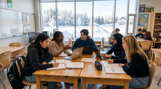 Groupe de lycéens de divers profils assis autour d'une table dans une classe lumineuse d'un lycée canadien moderne, travaillant ensemble sur ordinateurs et cahiers, avec paysage enneigé visible par les fenêtres en arrière-plan
