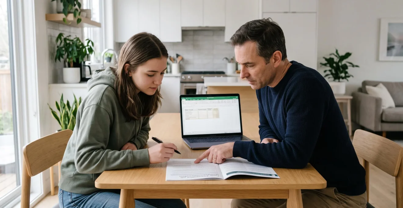 Lycéen et parent assis côte à côte à une table contemporaine, penchés ensemble sur un document budgétaire papier avec ordinateur portable ouvert à côté, dans un intérieur canadien moderne éclairé par lumière naturelle